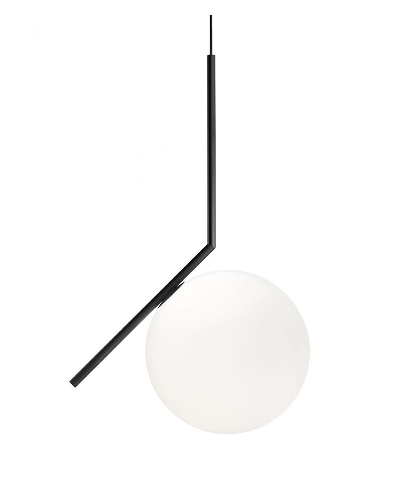 IC Lights S2 Pendelleuchte von Flos mit schwarzem Gestell und weißem Opalglas-Diffusor.